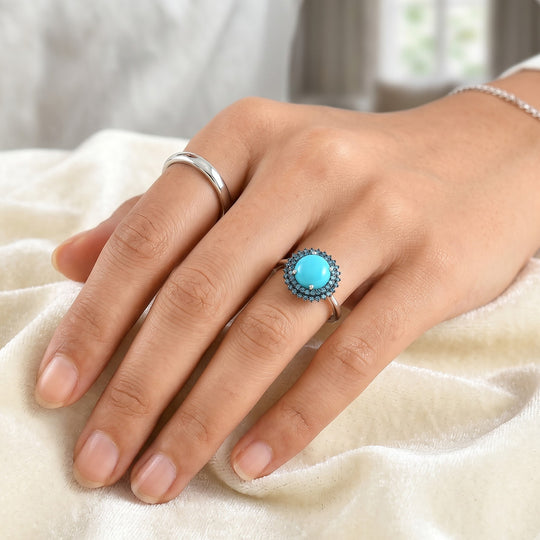 LUXURIANT DIAMOND - Azurglanz-Ring mit AA Sleeping Beauty Türkis und Lab Grown blauem Diamant, 925 Silber rhodiniert (Größe 20.00), ca. 2.87 ct