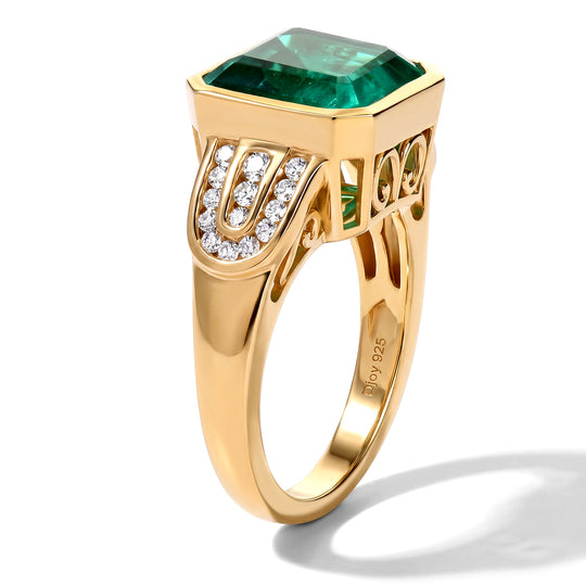 D'Joy Smaragd-Quarz Triplette, Weißer Zirkon Ring 925 Silber 750 Gelbgold vermeil (Größe 21.00) ca. 5,93 ct