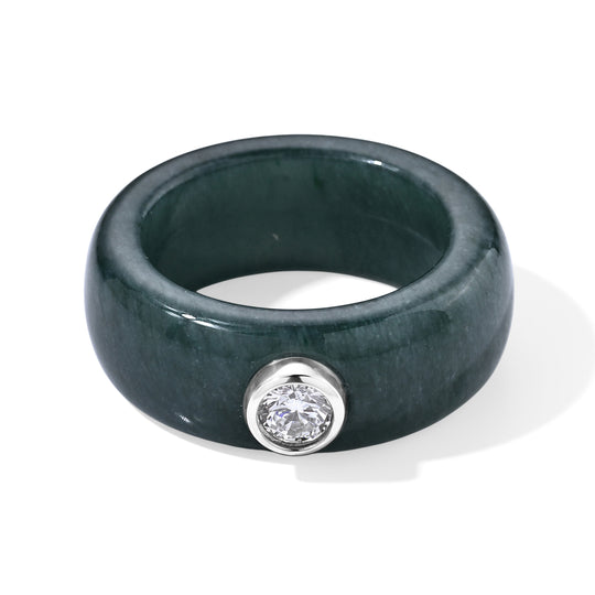EXTREM SELTEN - Type A Natürlicher Olmek Jadeit, Lab Grown Diamant (0,25) Ring 925 Silber Rhodiniert (Größe 19.00) ca. 7.75 ct