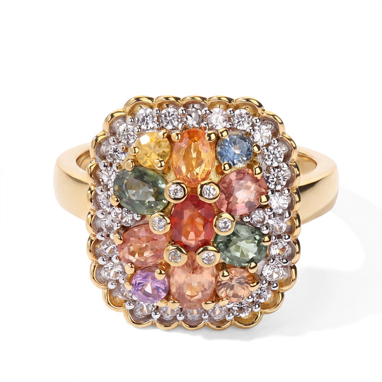 D'Joy mehrfarbiger Saphir und Zirkon Ring im Häkelmuster-Stil, 925 Silber 750 Gelbgold Vermeil - 2,70 ct.