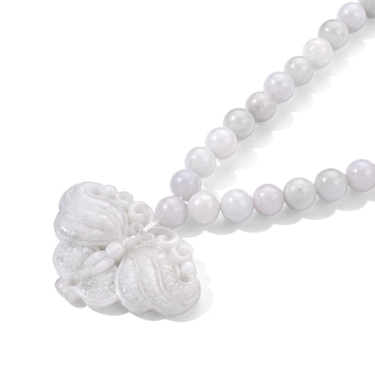 D'Joy 390 ct. natürliche weiße Jade 45+5cm Halskette mit geschnitztem Schmetterlingsmotiv, 925 Silber rhodiniert