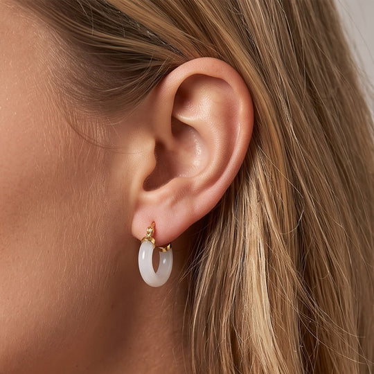 EXTREM SELTEN TYP A Natürliche Weiße Jadeit Jade Ohrringe 925 Silber Vergoldet ca. 28.00 ct