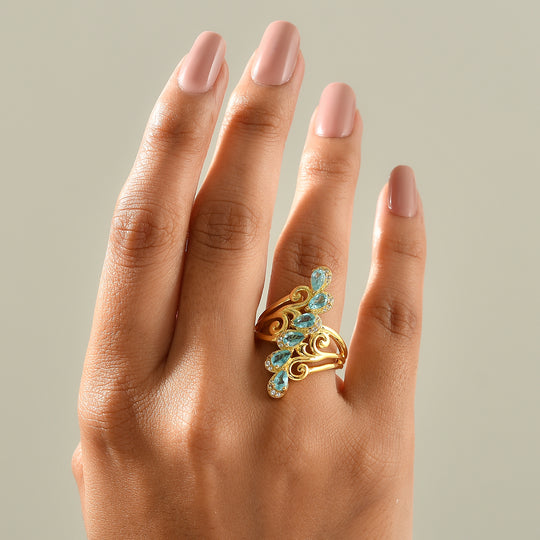 EVER TRUE AA Blauer Apatit, Weißer Zirkon Ring Reine Bronze (Größe 20.00) ca. 1,58 ct