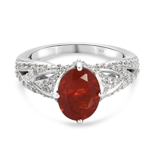 Mexikanischer Feuer opal und Zirkon Ring 925 Silber platiniert (Größe 16.00) ca. 2,30 ct