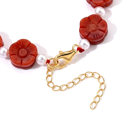 D'Joy Burmesischer Rote Jade, Zhuji Akoya-Perle (5-6mm) Armband ca. 20 cm + 5 cm Extender 925 Silber Vergoldet 80.01 ct