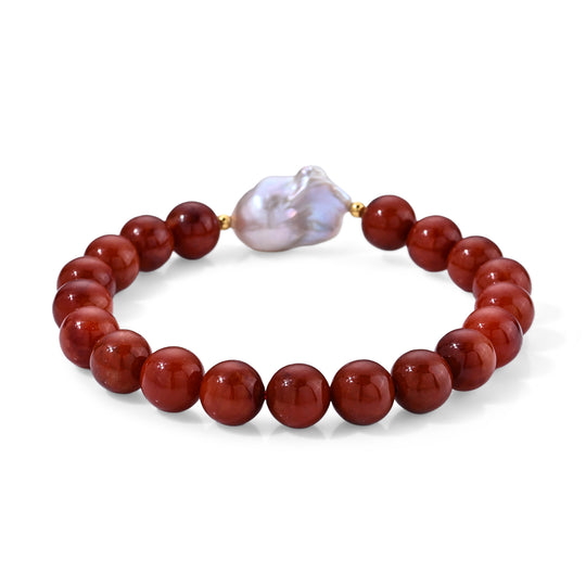 D'Joy Burmesischer Rote Jade, Weiße Barockperle Armband ca. 18 cm 925 Silber Vergoldet 120.00 ct