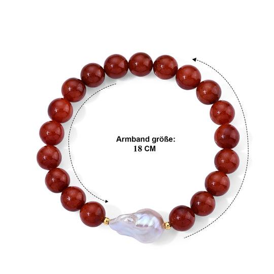 D'Joy 9-11mm burmesisches rotes Jade und weißes Barockperle 18cm Armband, 925 Silber vergoldet