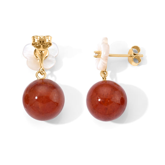 D'Joy Burmesischer Rote Jade, Weißes Perlmutt Ohrringe 925 Silber Vergoldet 20.01 ct