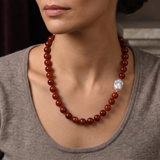 D'Joy Burmesischer Rote Jade, Weiße Barockperle Halskette ca. 50 cm 925 Silber Vergoldet 320.01 ct