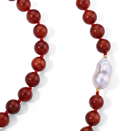 D'Joy Burmesischer Rote Jade, Weiße Barockperle Halskette ca. 50 cm 925 Silber Vergoldet 320.01 ct