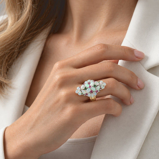 D'Joy AAA Natürlicher, äthiopischer Welo Opal Ring 925 Silber Rhodiniert und 750 Gelbgold Vermeil (Größe 19.00) ca. 6,04 ct