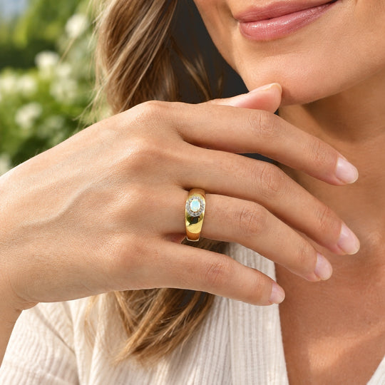 D'Joy AA Natürlicher, äthiopischer Welo Opal, Weißer Zirkon Ring 925 Silber 750 Vergoldet (Größe 17.00) (10-15 Werktage Lieferzeit) ca. 0,43 ct