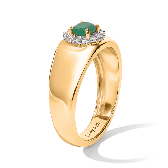 D'Joy AA Socoto Smaragd, Weißer Zirkon Ring 925 Silber 750 Vergoldet (Größe 21.00) ca. 0,59 ct