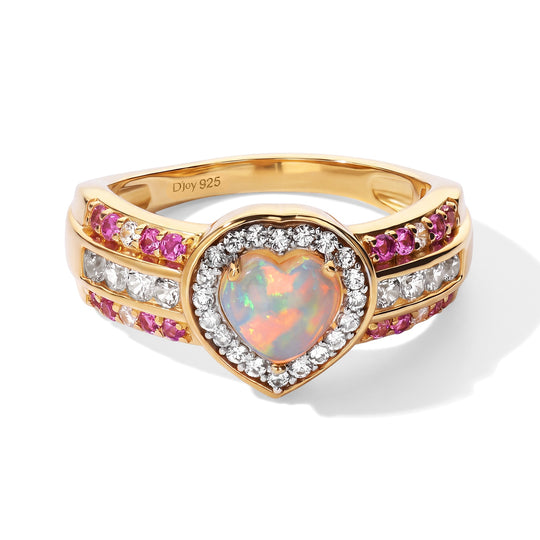 D'Joy AAA Natürlicher, äthiopischer Welo Opal, Weißer Zirkon Ring 925 Silber 750 Gelbgold vermeil (Größe 21.00) ca. 1,86 ct