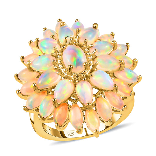 Natürlicher, äthiopischer Opal Blumen-Ring, 925 Silber Gelbgold Vermeil (Größe 16.00) ca. 3.74 ct