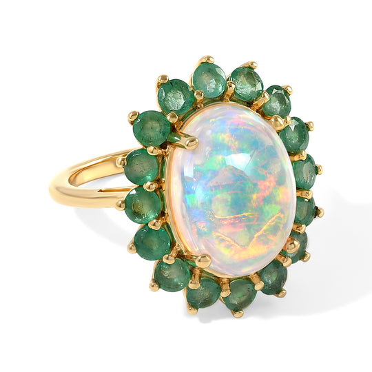 D'Joy AAA Natürlicher, äthiopischer Welo Opal, Kagem Sambischer Smaragd Ring 925 Silber 750 Gelbgold vermeil (Größe 17.00) (9-14 Werktage Lieferzeit) ca. 6,01 ct