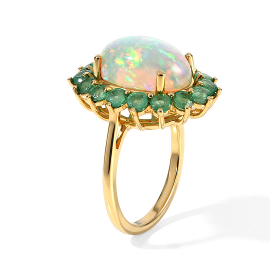 D'Joy AAA Natürlicher, äthiopischer Welo Opal, Kagem Sambischer Smaragd Ring 925 Silber 750 Gelbgold vermeil (Größe 17.00) (9-14 Werktage Lieferzeit) ca. 6,01 ct