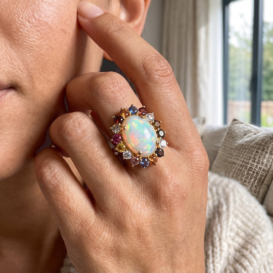 D'Joy AAA Natürlicher, äthiopischer Welo Opal, Mehrfarbig Saphir Ring 925 Silber 750 Gelbgold vermeil (Größe 16.00) ca. 6,29 ct