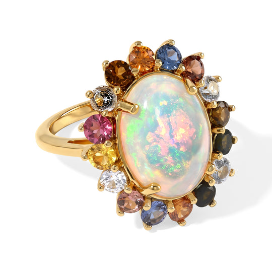 D'Joy AAA Natürlicher, äthiopischer Welo Opal, Mehrfarbig Saphir Ring 925 Silber 750 Gelbgold vermeil (Größe 16.00) ca. 6,29 ct