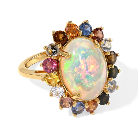 D'Joy AAA Natürlicher, äthiopischer Welo Opal, Mehrfarbig Saphir Ring 925 Silber 750 Gelbgold vermeil (Größe 16.00) ca. 6,29 ct