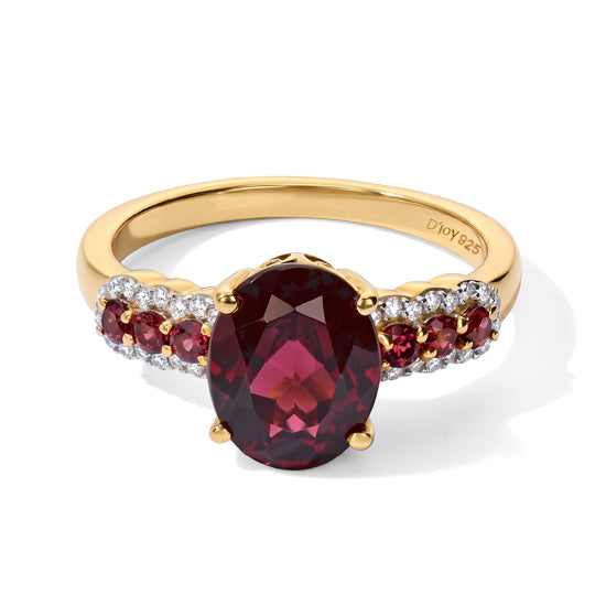 D'Joy DAS GRÖßTE SOLITÄR AA Natürlicher Rhodolith Granat Ring 925 Silber 750 Gelbgold vermeil (Größe 17.00) ca. 3.53 ct