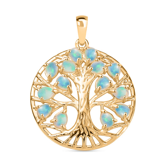 Natürlicher, äthiopischer Opal Lebensbaum-Anhänger, 925 Silber Gelbgold Vermeil ca. 1.46 ct