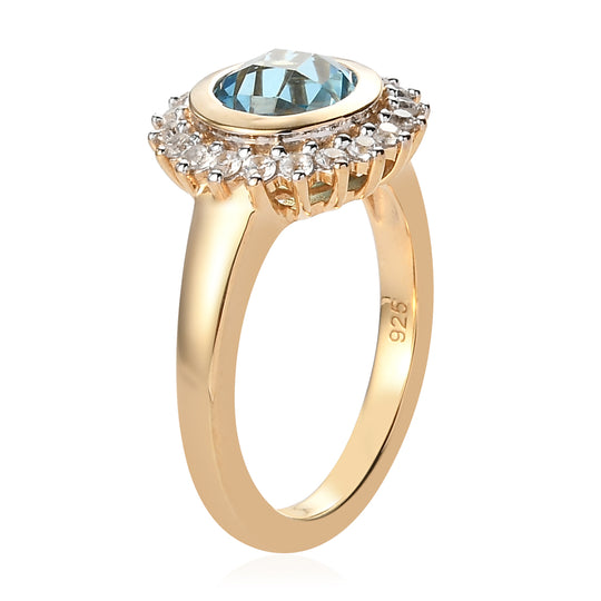 Schweizer Blautopas und Zirkon Ring 925 Silber vergoldet ca. 2,02 ct