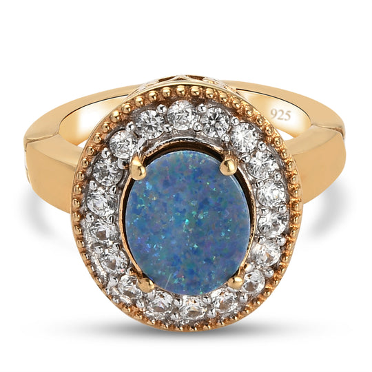 Boulder Opal Triplette und Zirkon-Ring, mit magnetischem Öffnungsmechanismus 925 Silber vergoldet ca. 2.51 ct