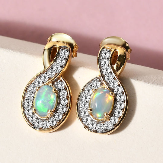 Natürlicher Äthiopischer Opal, Weißer Zirkon Ohrringe 925 Silber vergoldet ca. 1,38 ct