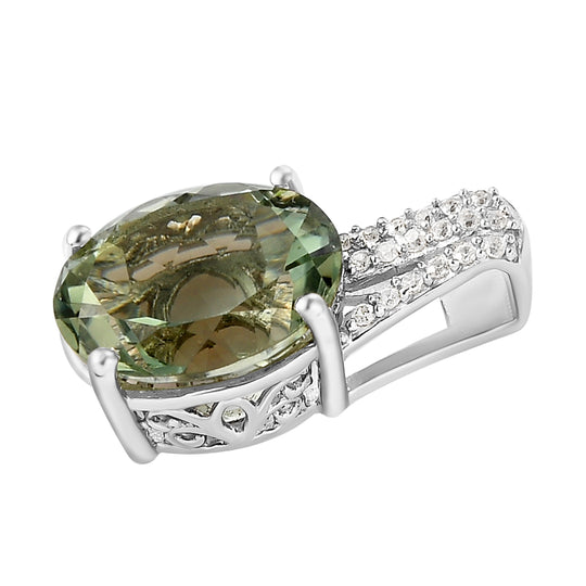 Prasiolith und weißer Zirkon-Anhänger, 925 Silber platiniert ca. 4,57 ct