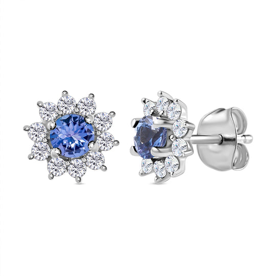 Tansanit und weiße Zirkon Ohrstecker, 925 Silber platiniert ca. 1.09 ct