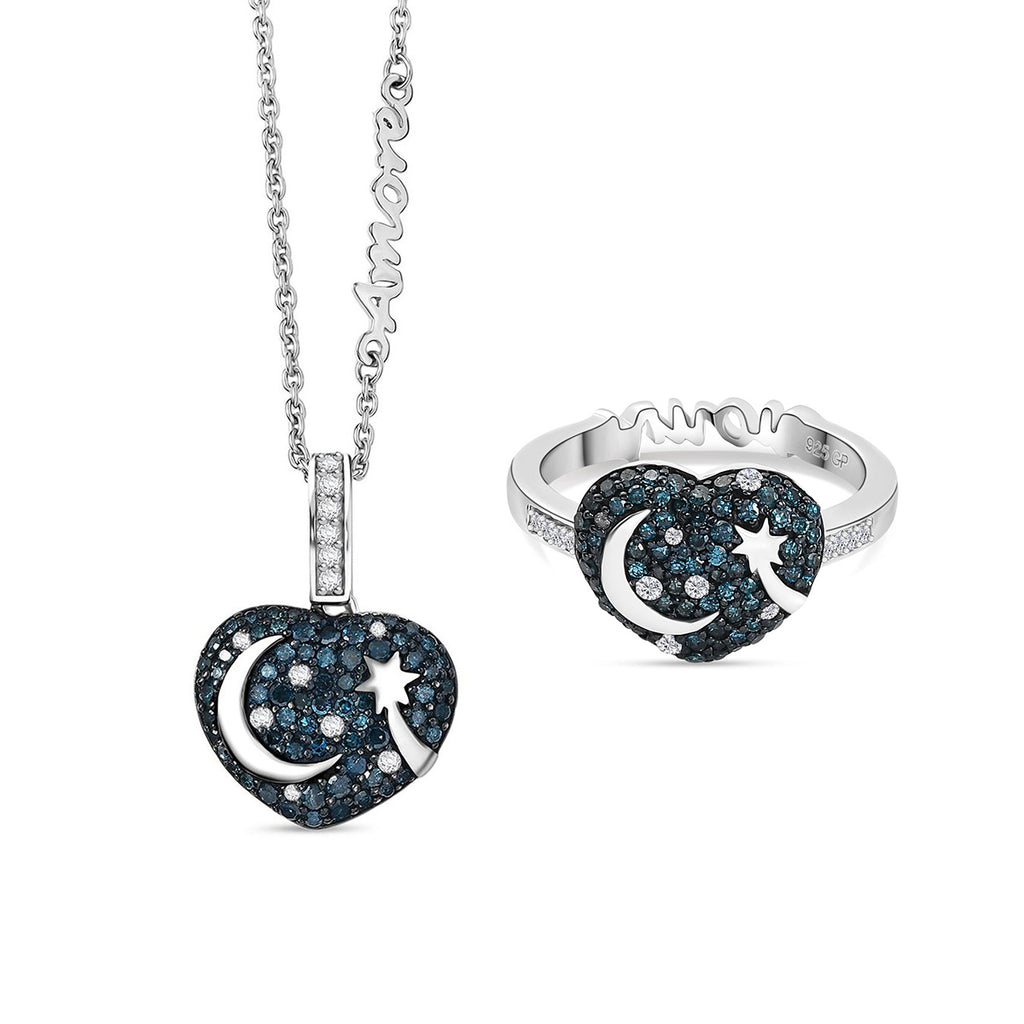GP Amore Kollektion - Multi Diamant und Kanchanaburi blauer Saphir Ring und Anhänger mit 45cm Kette