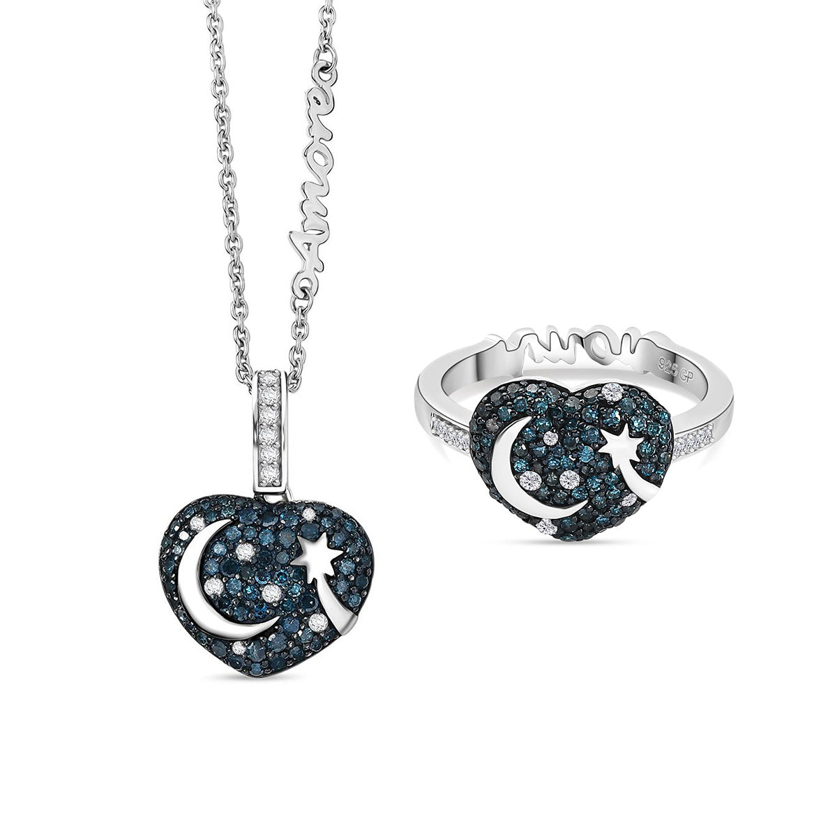 GP Amore Kollektion - Multi Diamant und Kanchanaburi blauer Saphir Ring und Anhänger mit 45cm Kette