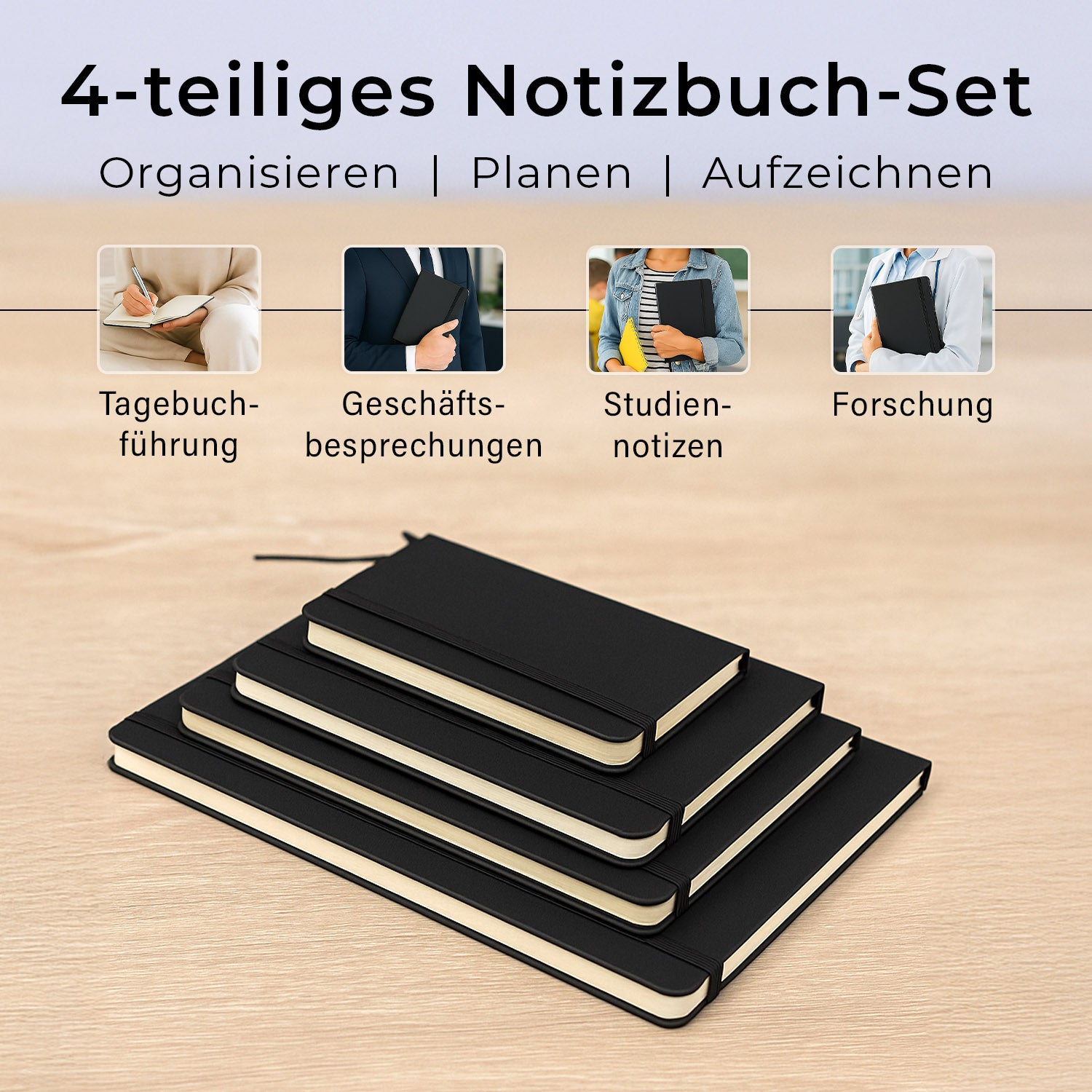 Notizbuch-Set mit Gummibandverschluss Kunstleder und Papier verschiedene Größen