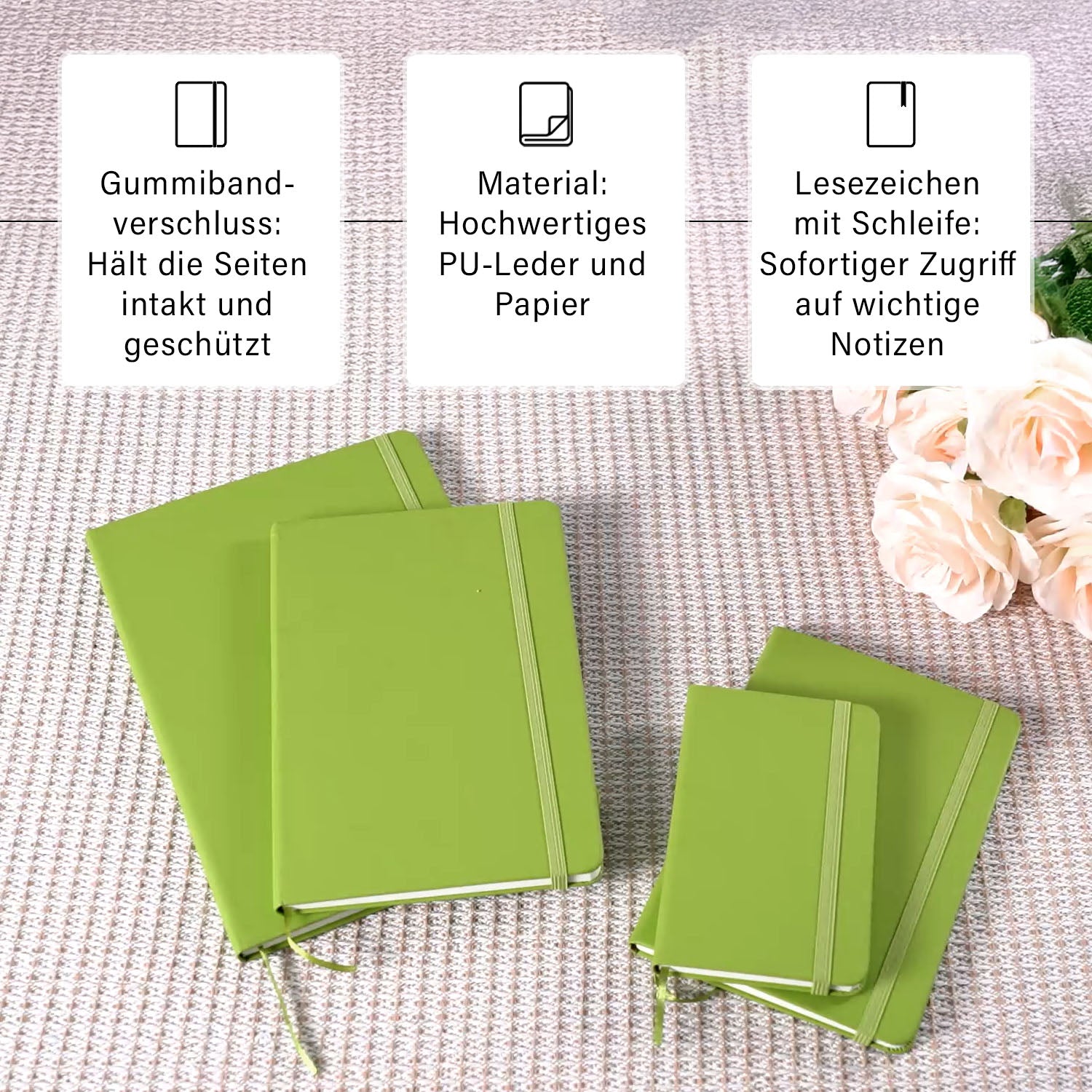 Notizbuch-Set mit Gummibandverschluss Kunstleder und Papier verschiedene Größen