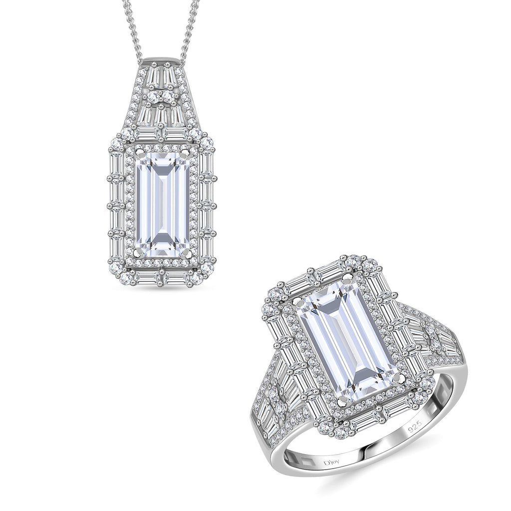 D'Joy Moissanit Ring und Anhänger mit 50cm Kette Baguette