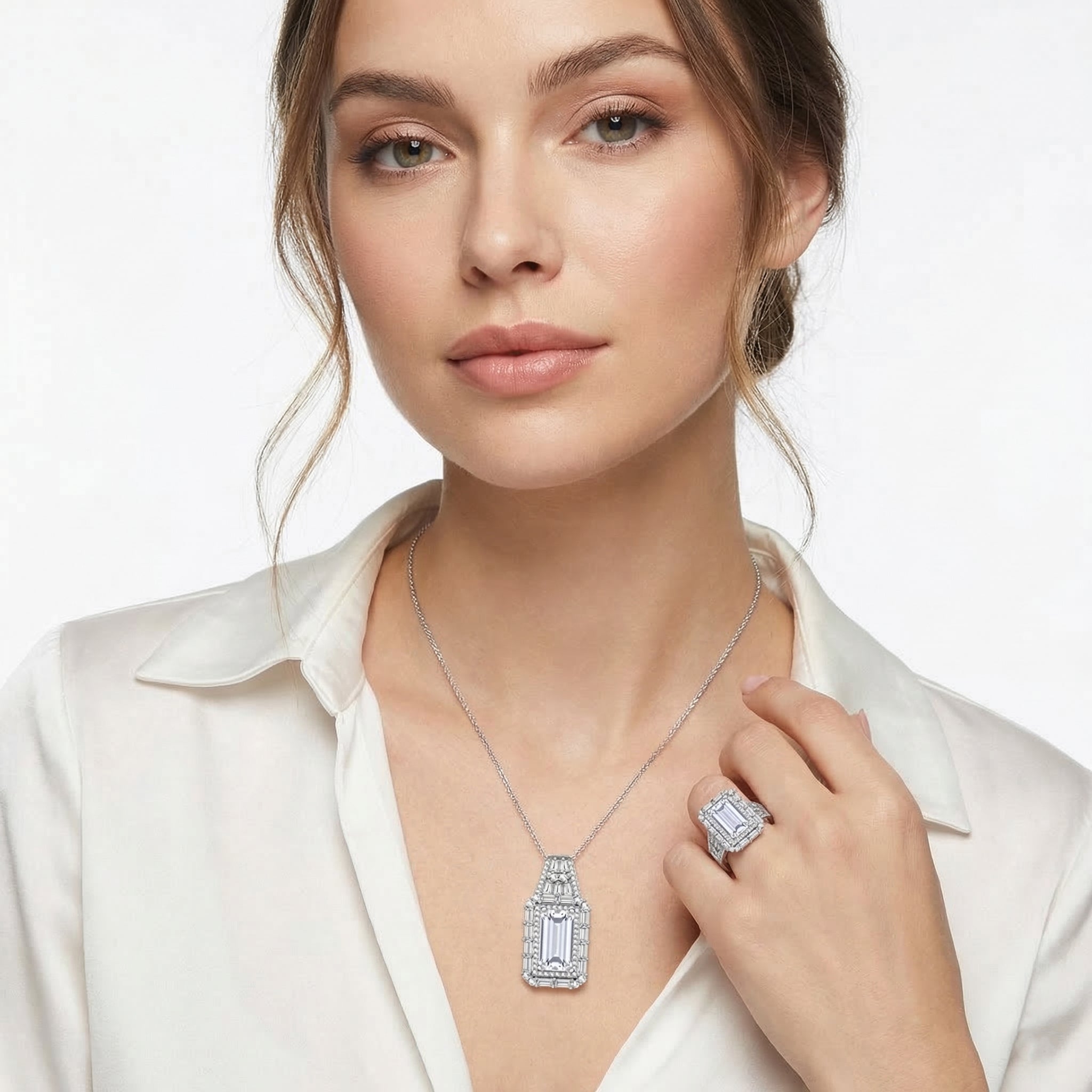 D'Joy Moissanit Ring und Anhänger mit 50cm Kette Baguette