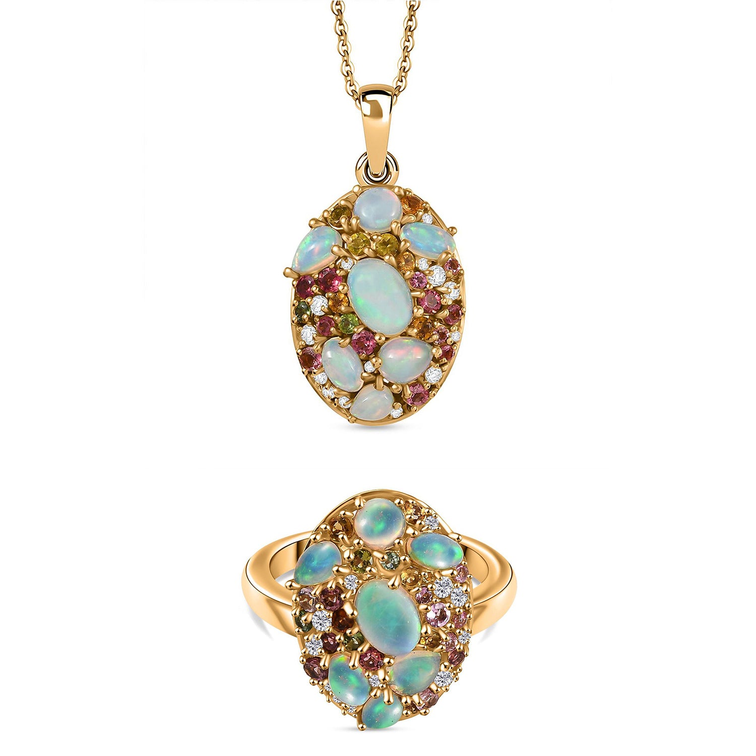 D'Joy äthiopischer Welo Opal und Multi-Edelstein Ring und Anhänger mit 50cm Kette