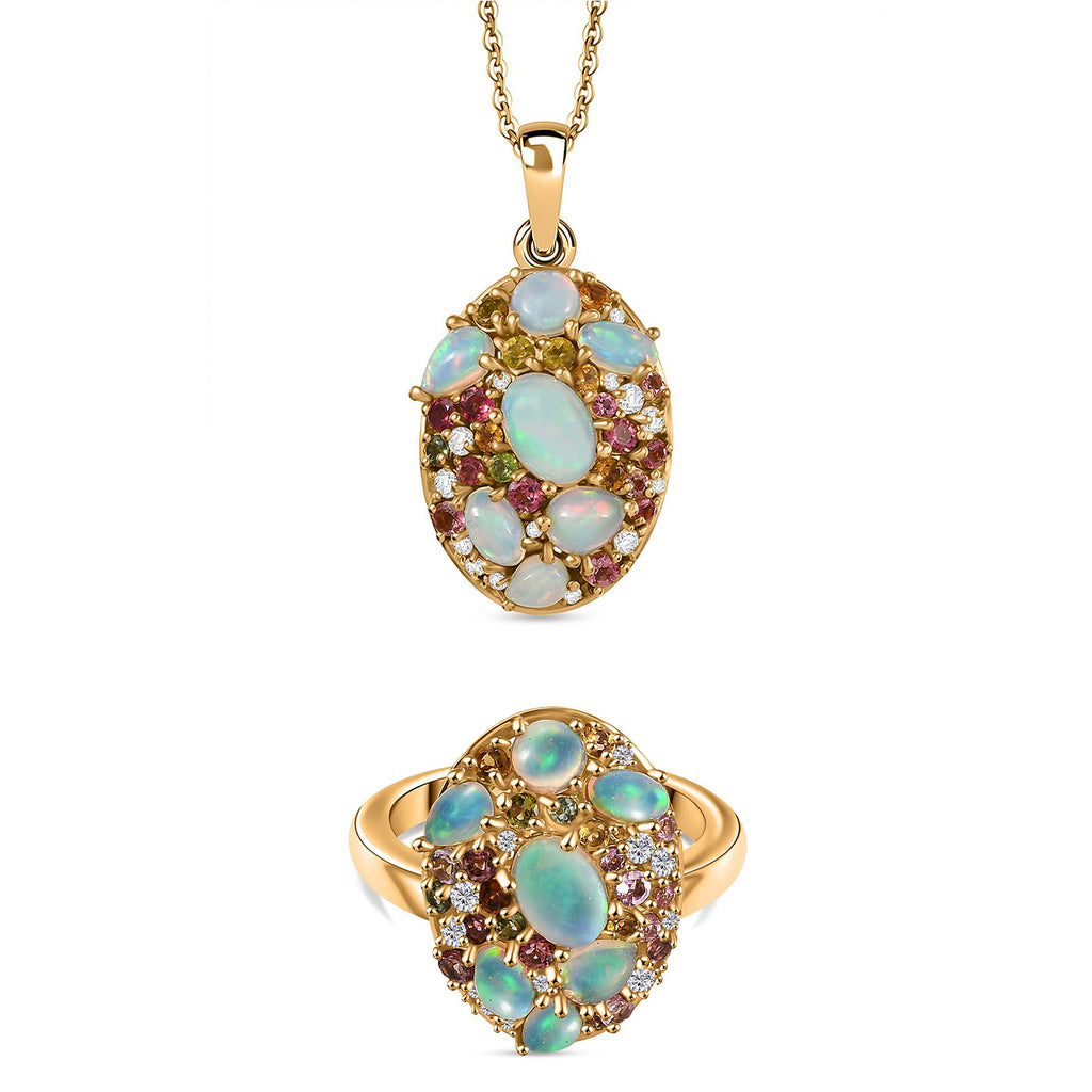 D'Joy äthiopischer Welo Opal und Multi-Edelstein Ring und Anhänger mit 50cm Kette
