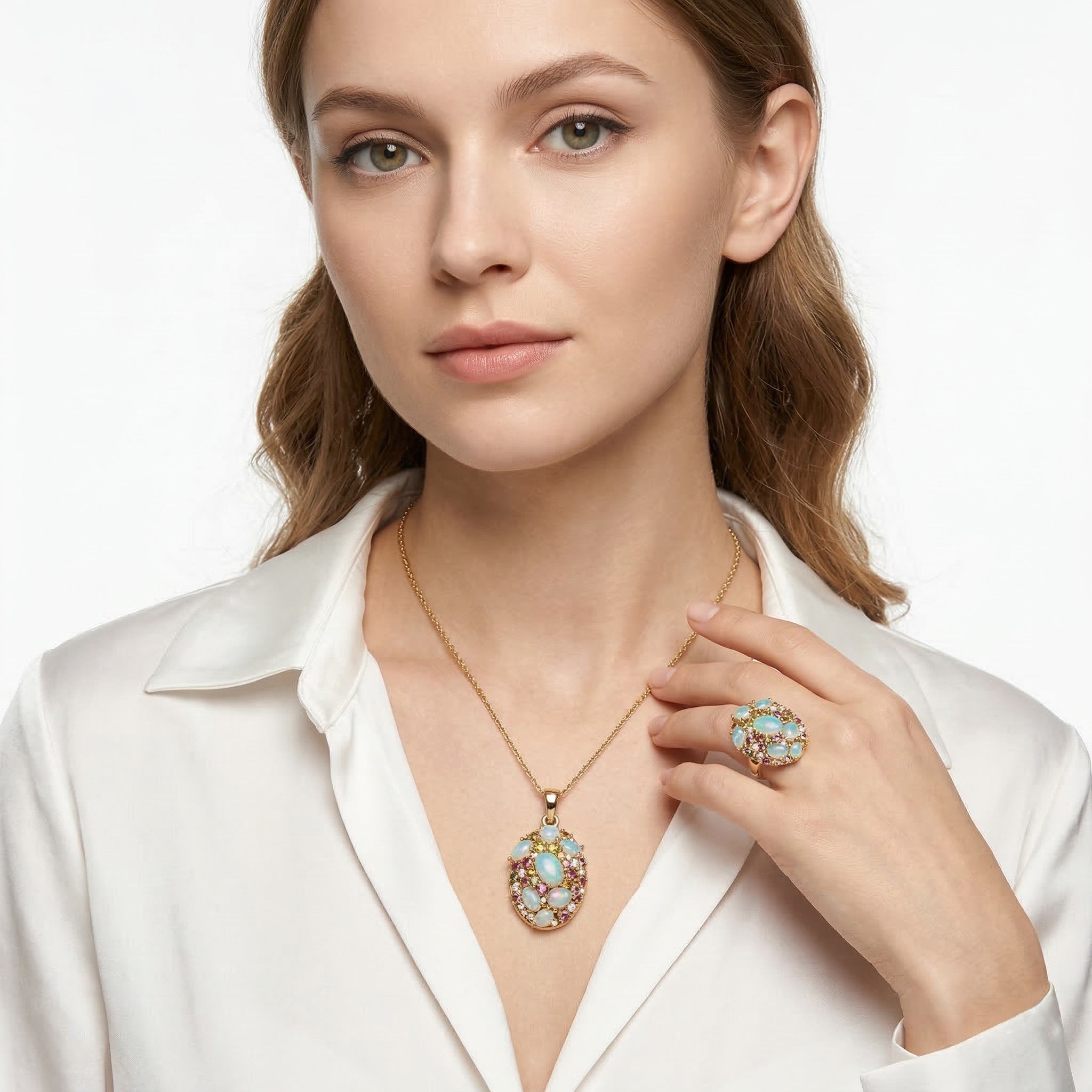 D'Joy äthiopischer Welo Opal und Multi-Edelstein Ring und Anhänger mit 50cm Kette
