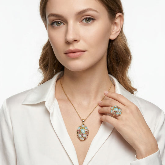D'Joy äthiopischer Welo Opal und Multi-Edelstein Ring und Anhänger mit 50cm Kette