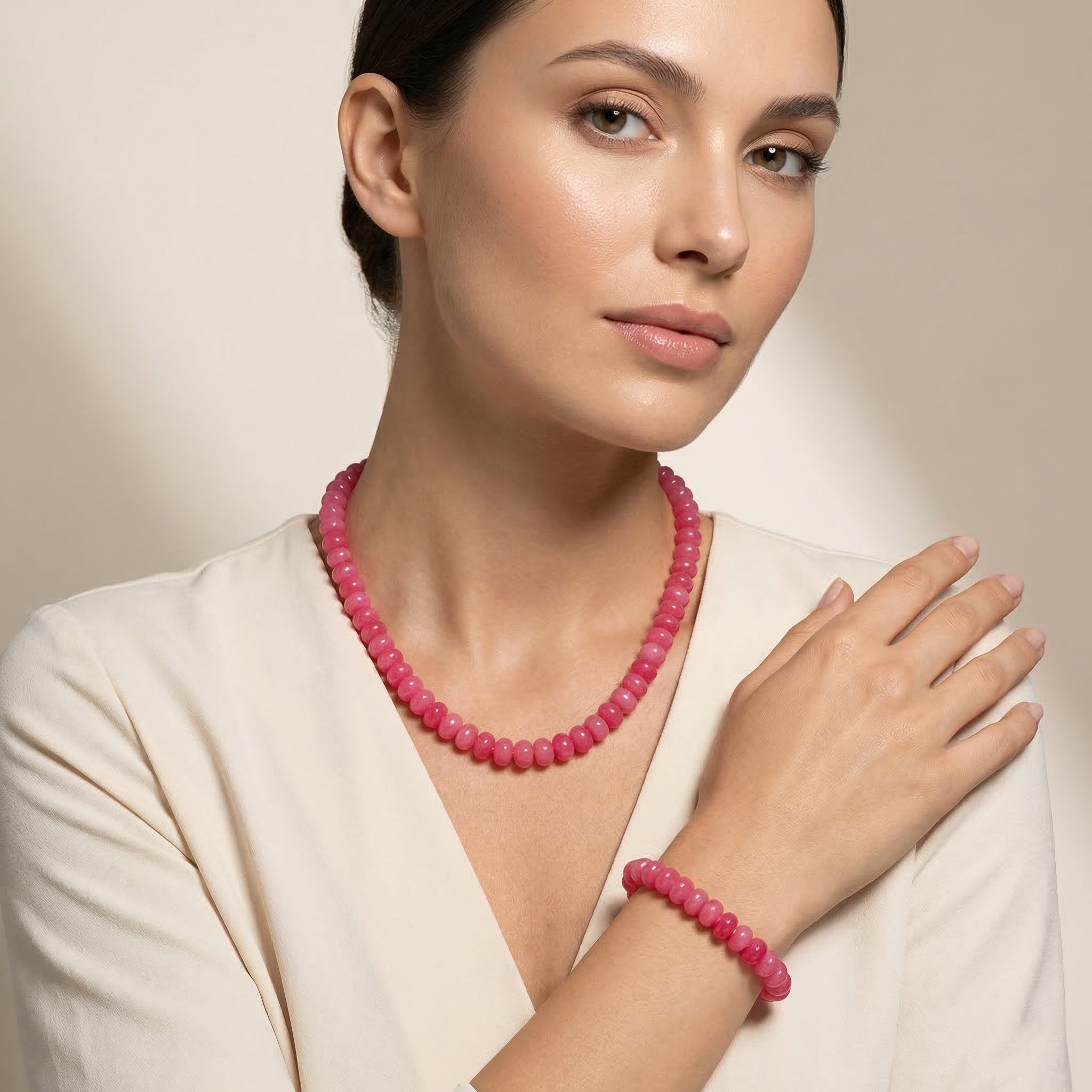 Rosa Quarzit 45+5cm Halskette und 17+5cm Armband