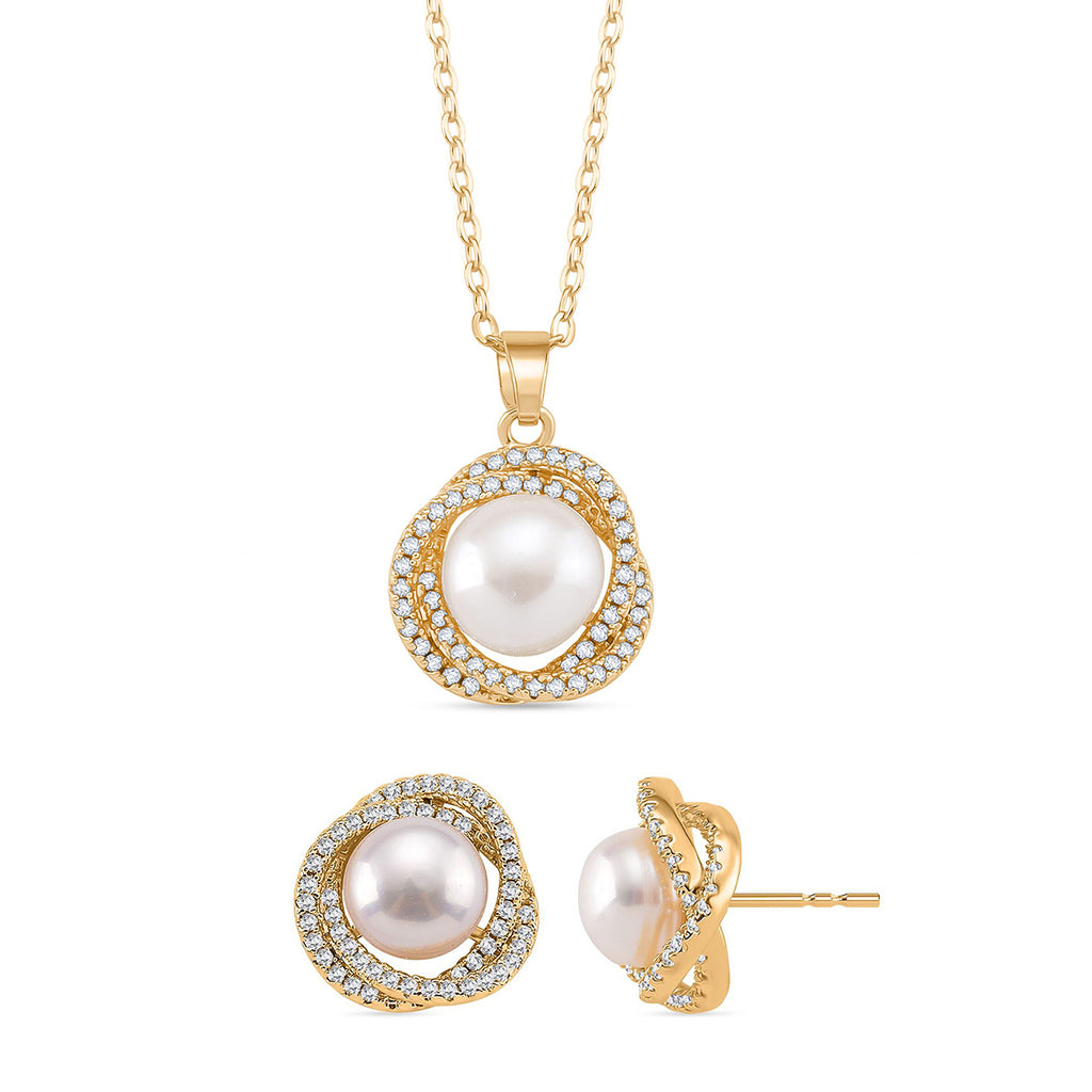Weißer Zirkonia und Süßwasserperle Ohrringe und Anhänger mit 50+5cm Kette