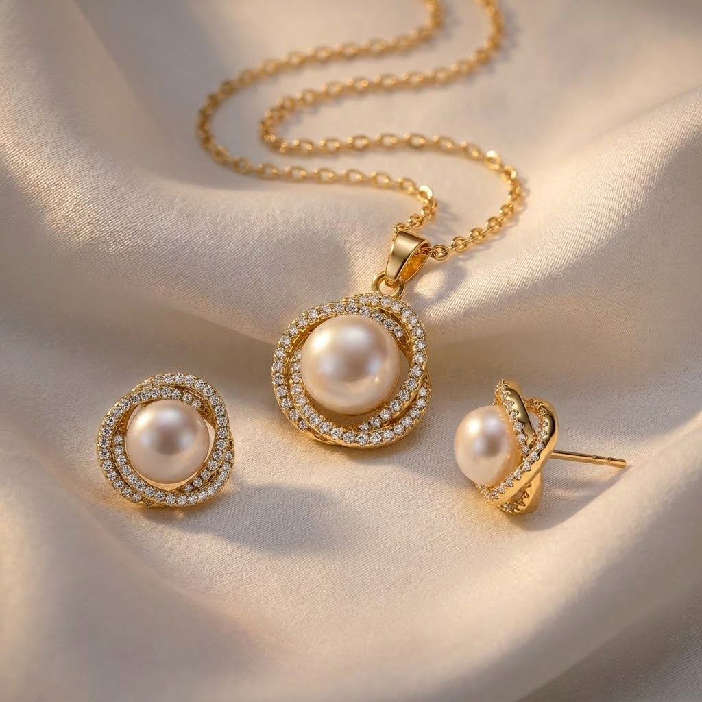 Weißer Zirkonia und Süßwasserperle Ohrringe und Anhänger mit 50+5cm Kette