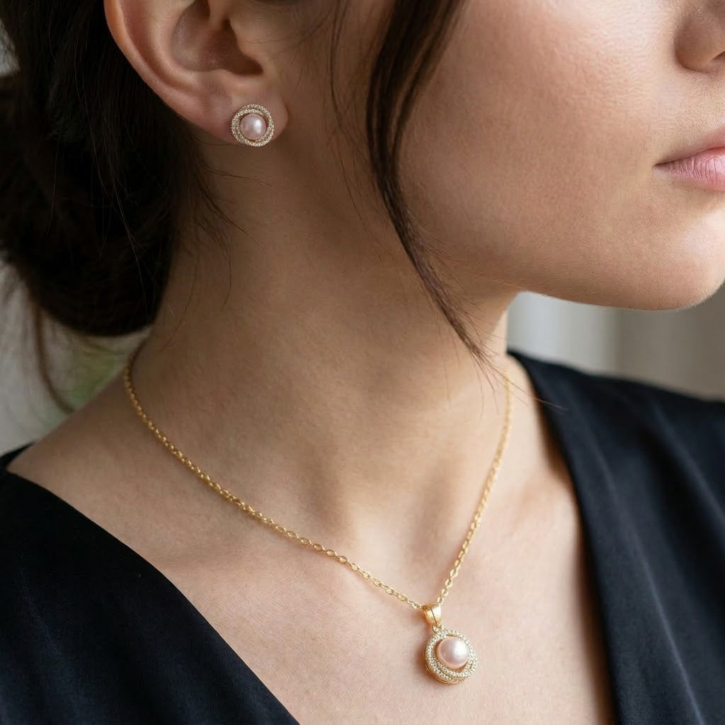 Weißer Zirkonia und Süßwasserperle Ohrringe und Anhänger mit 50+5cm Kette