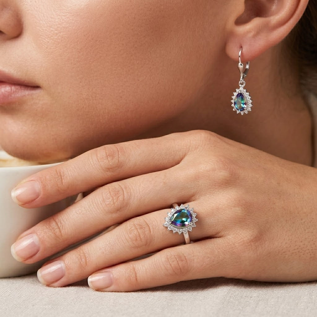 D'Joy Merkur mystischer Topas und Zirkon Ring und Ohrringe