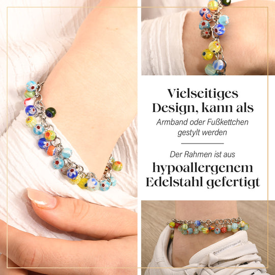 Mehrfarbiges Armband/ Fußkettchen im Murano-Stil, 19+10cm, Edelstahl