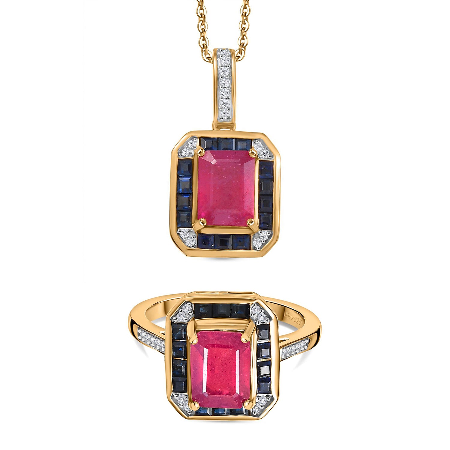 Djoy AA afrikanischer Rubin, blauer Saphir und Zirkon Ring und Anhänger mit 50cm Kette