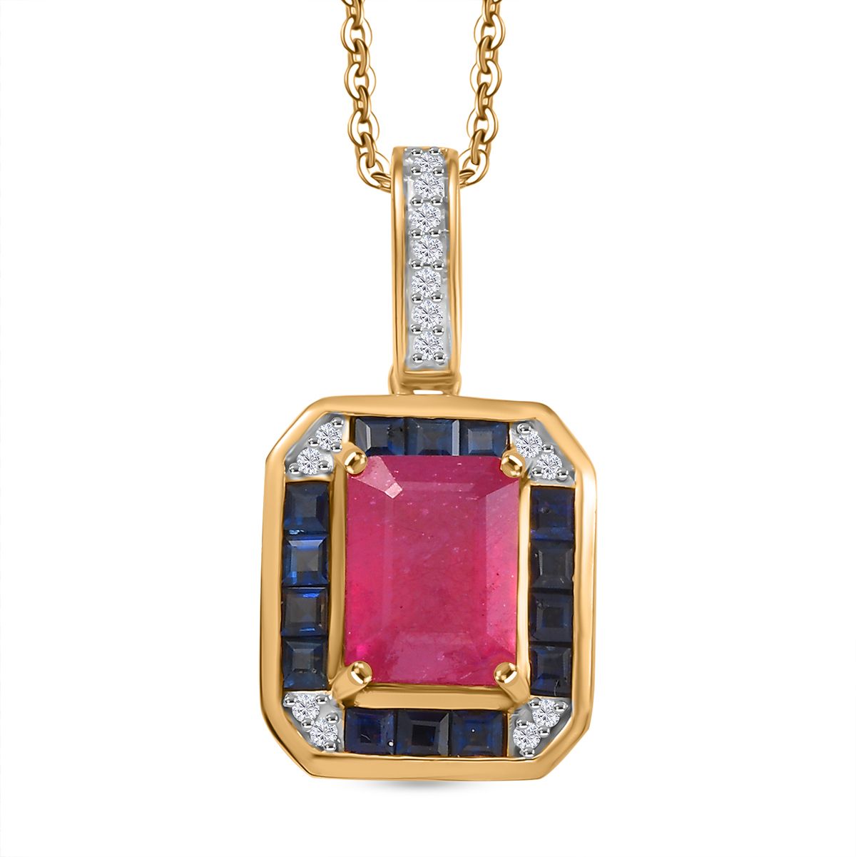 Djoy AA afrikanischer Rubin, blauer Saphir und Zirkon Ring und Anhänger mit 50cm Kette