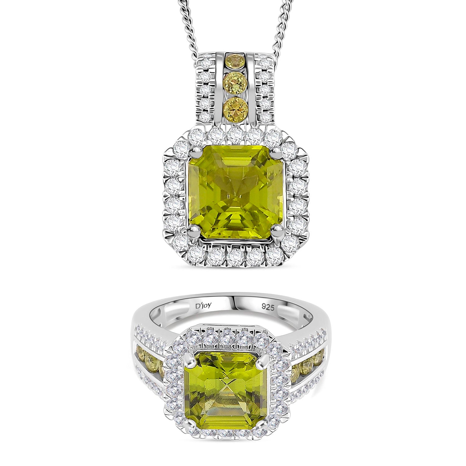 D'Joy Peridot und Moissanit Ring und Anhänger mit 45cm Kette